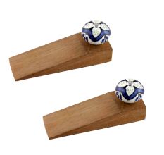 2 Pieces Navy Blue Flower Crackle Ceramic Wooden Door Stopper